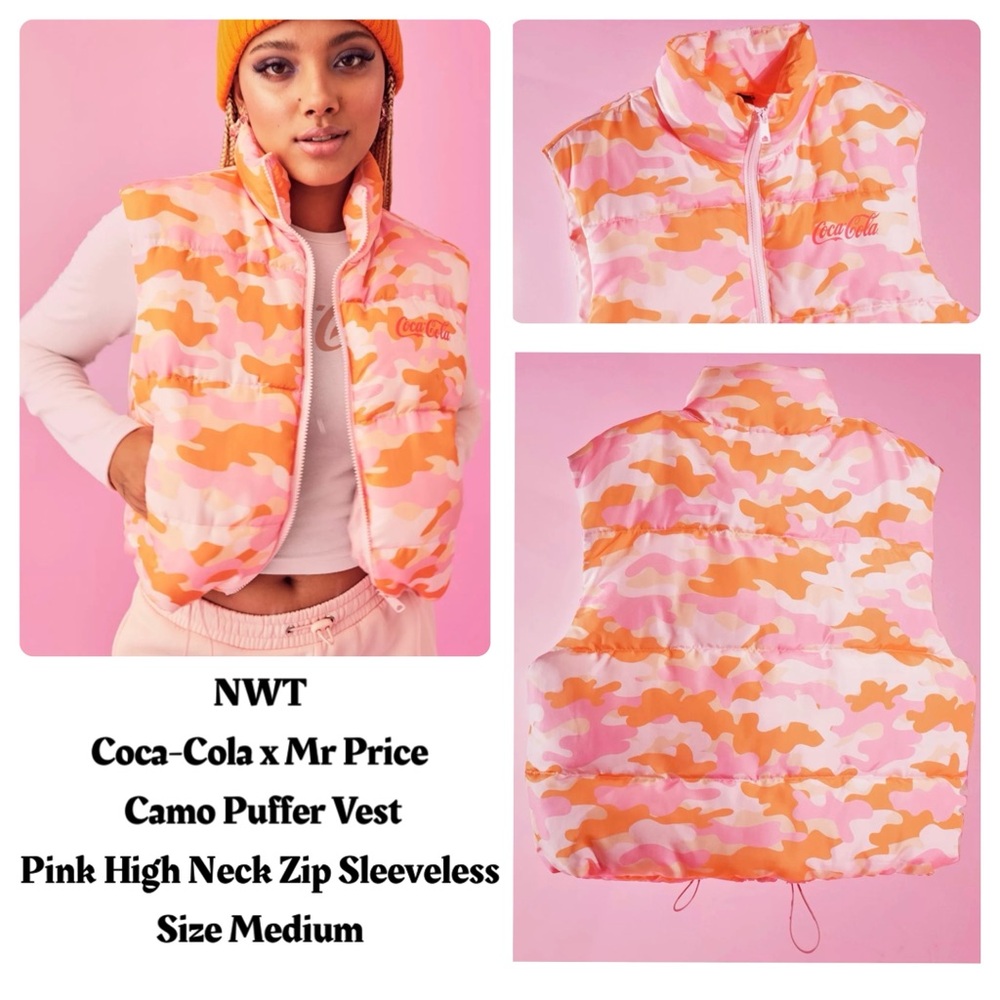 NWT Coca-Cola‎ x Mr Price Camo Puffer Vest High Neck Zip Sleeveless Size Medium